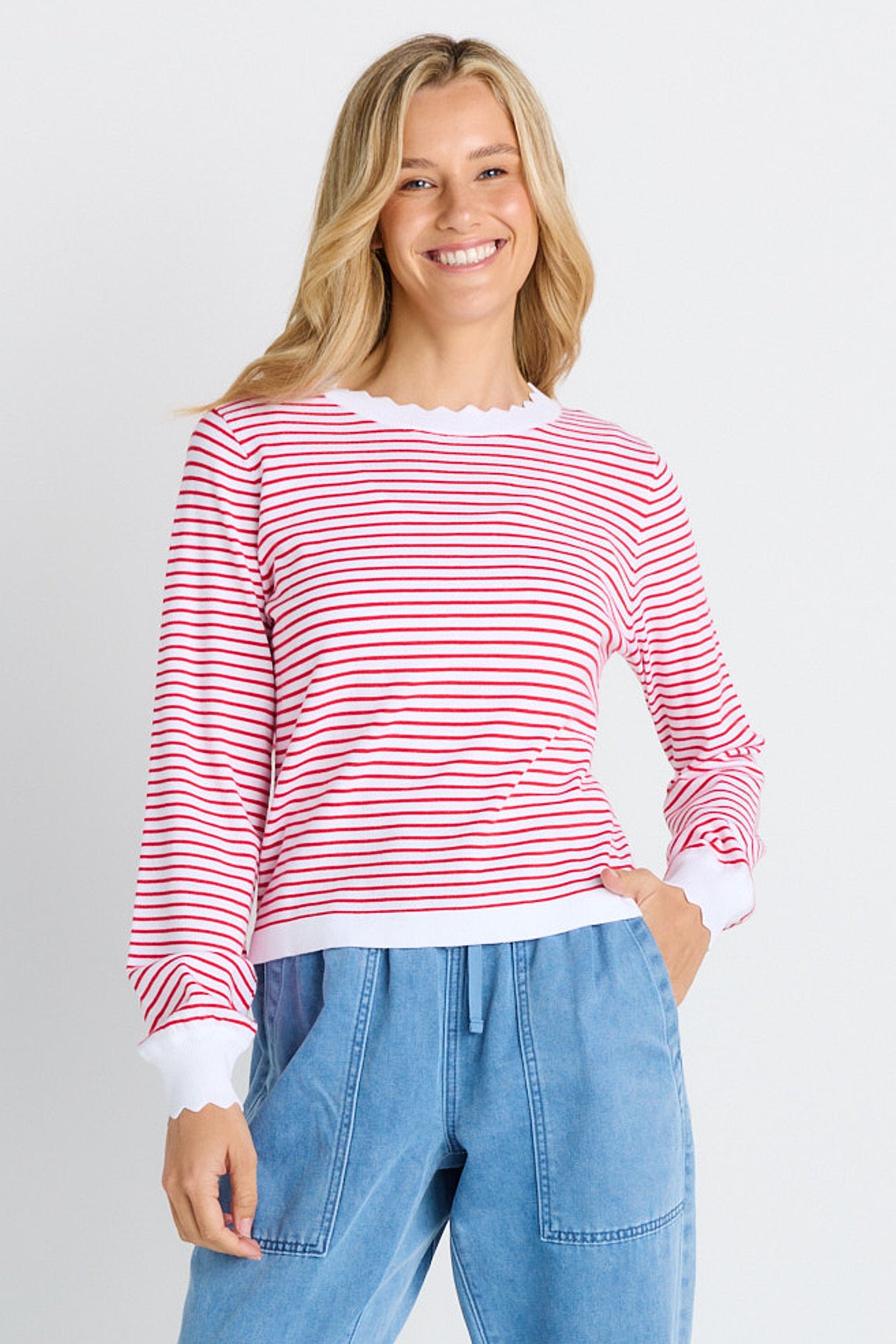 Scallop Knit Sweater - Red Stripe