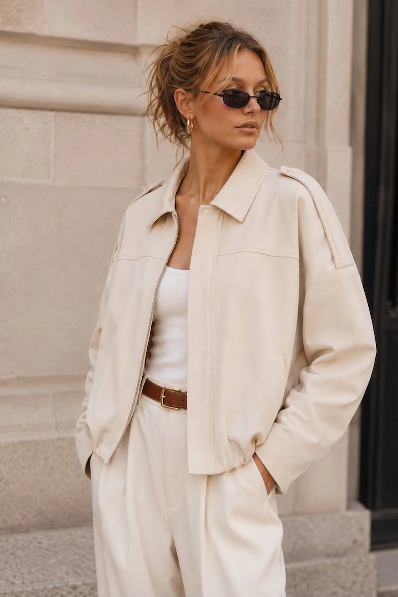 Suede Gather Hem Bomber Jacket - Cream