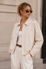 Suede Gather Hem Bomber Jacket - Cream