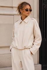 Suede Gather Hem Bomber Jacket - Cream