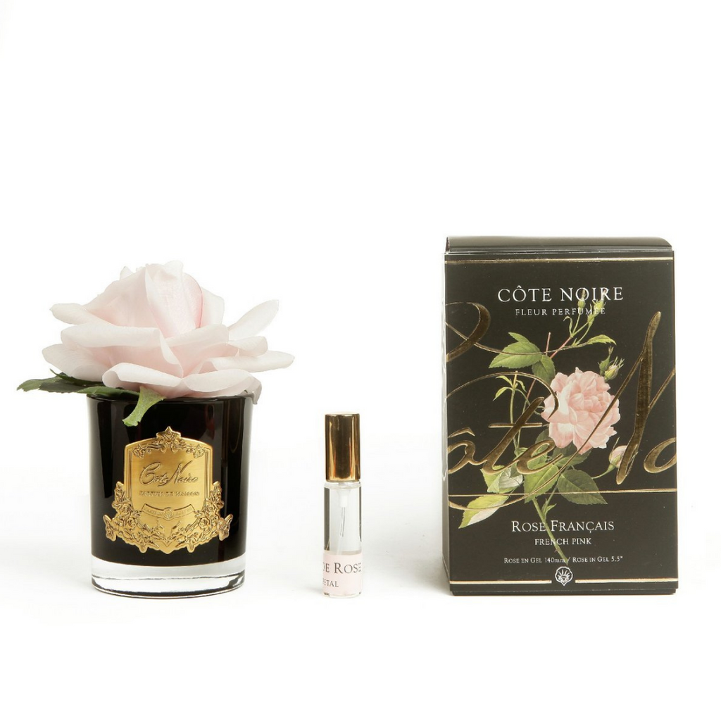 Single Rose French Pink - Black Glass With Gold Badge