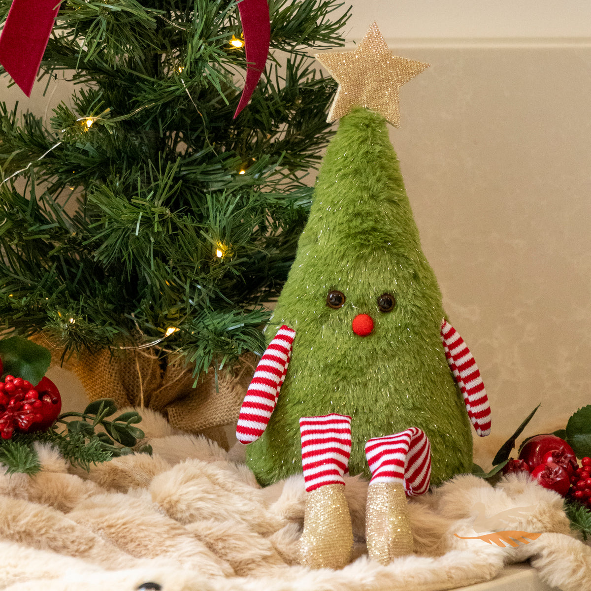 Green Fluffy Christmas Tree Sitting Decoration - Large
