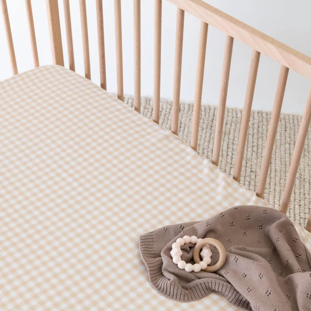 Bamboo Fitted Cot Sheets - Oat Gingham