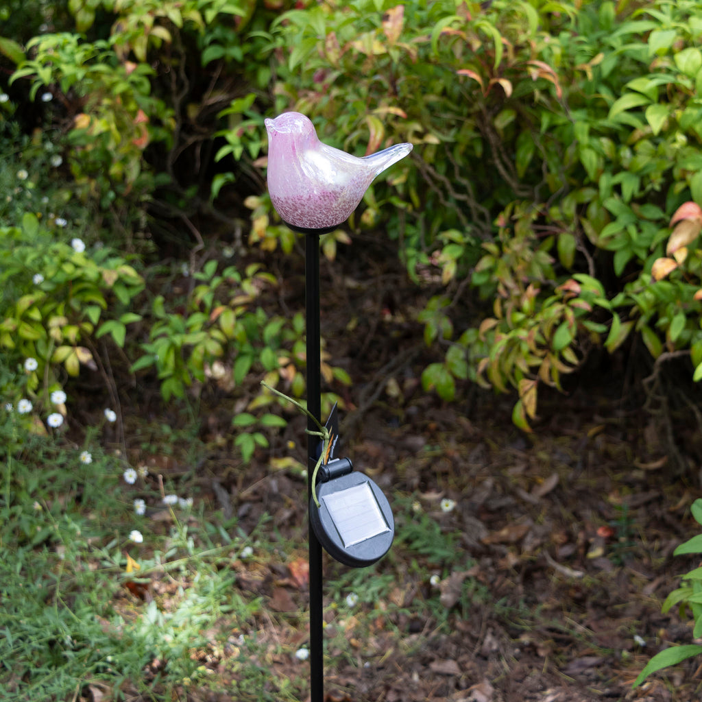 Glass Solar Bird On Stake - Carnation Pink