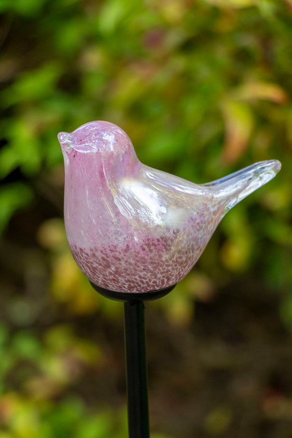 Glass Solar Bird On Stake - Carnation Pink