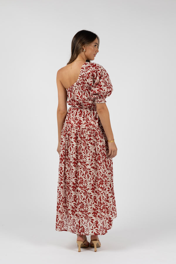 Eden One-Shoulder Dress - Brick Print