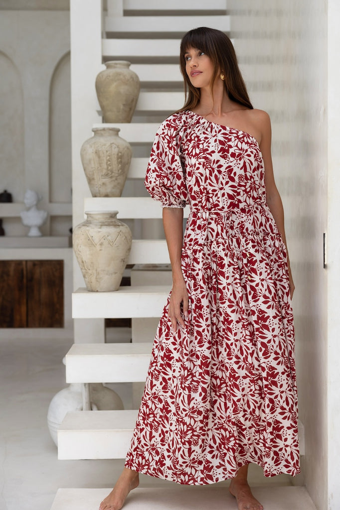 Eden One-Shoulder Dress - Brick Print – Warran Glen Garden Centre