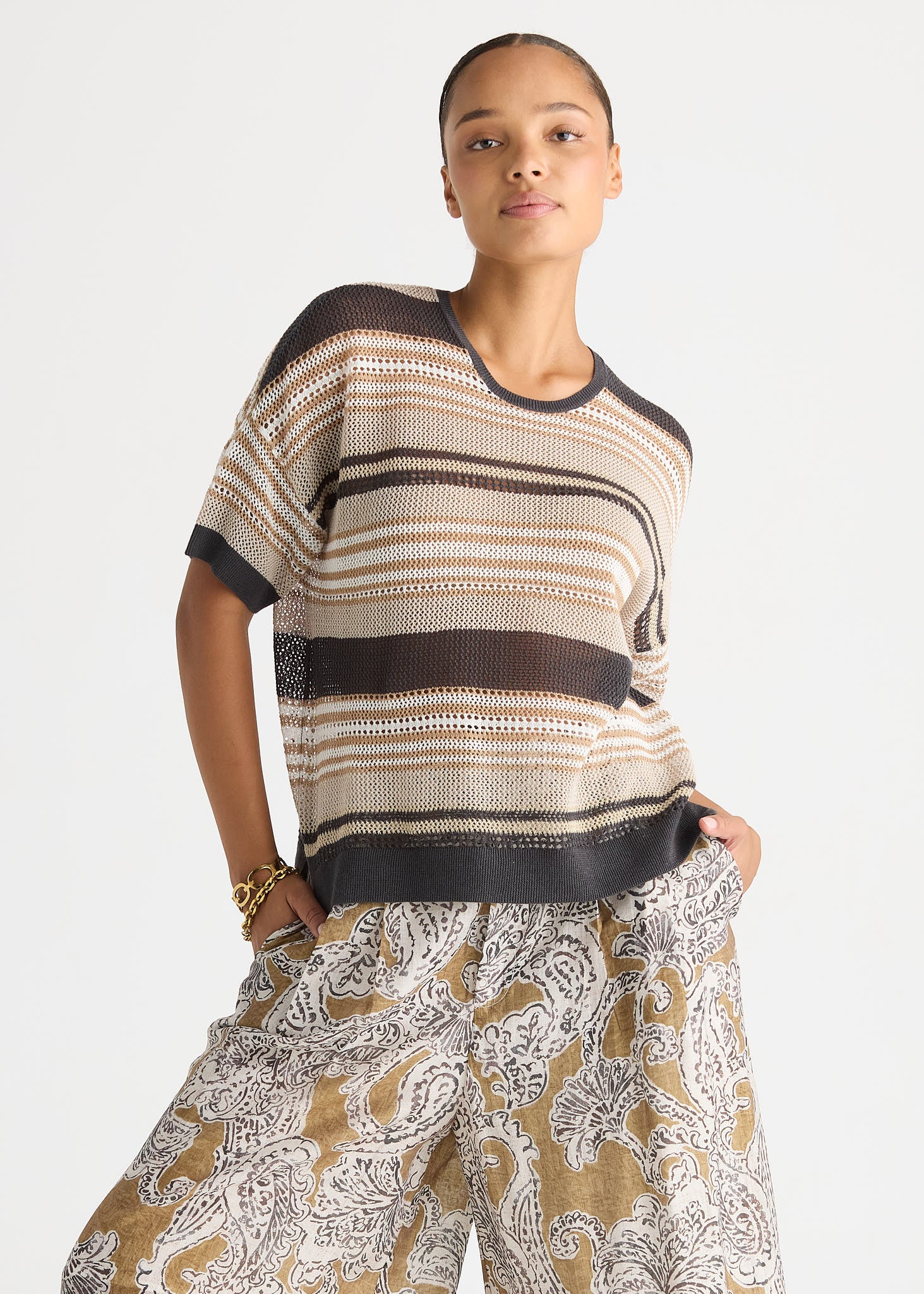Stripe Lace Top - Graphite