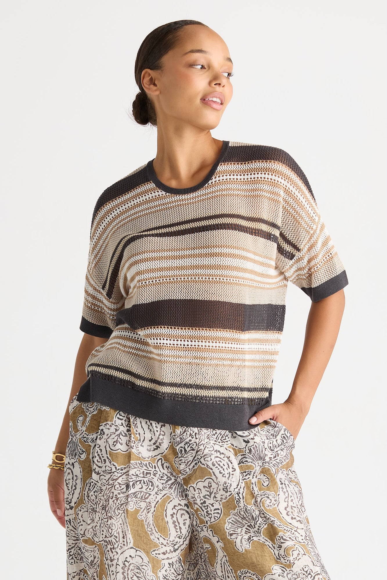 Stripe Lace Top - Graphite