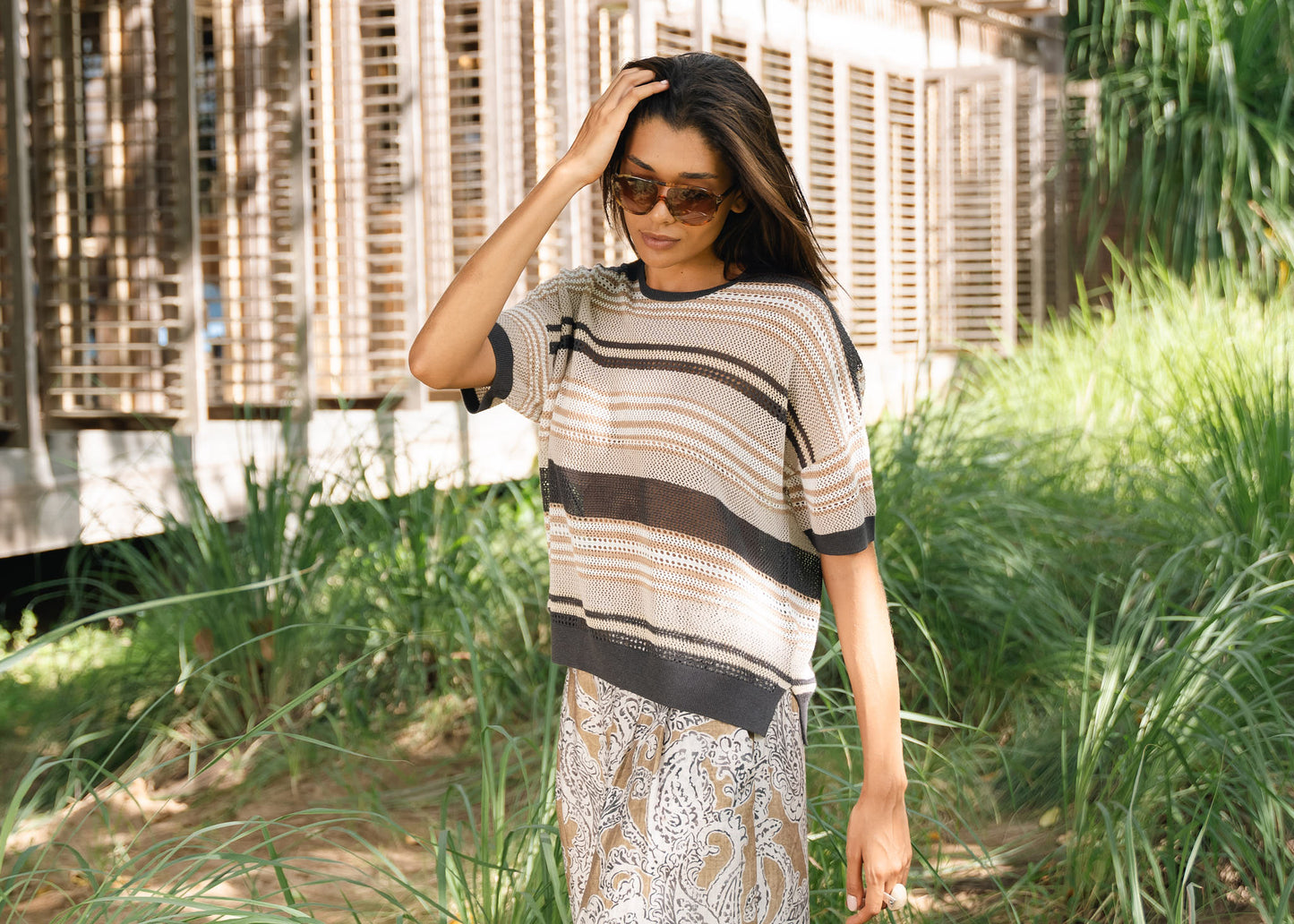 Stripe Lace Top - Graphite