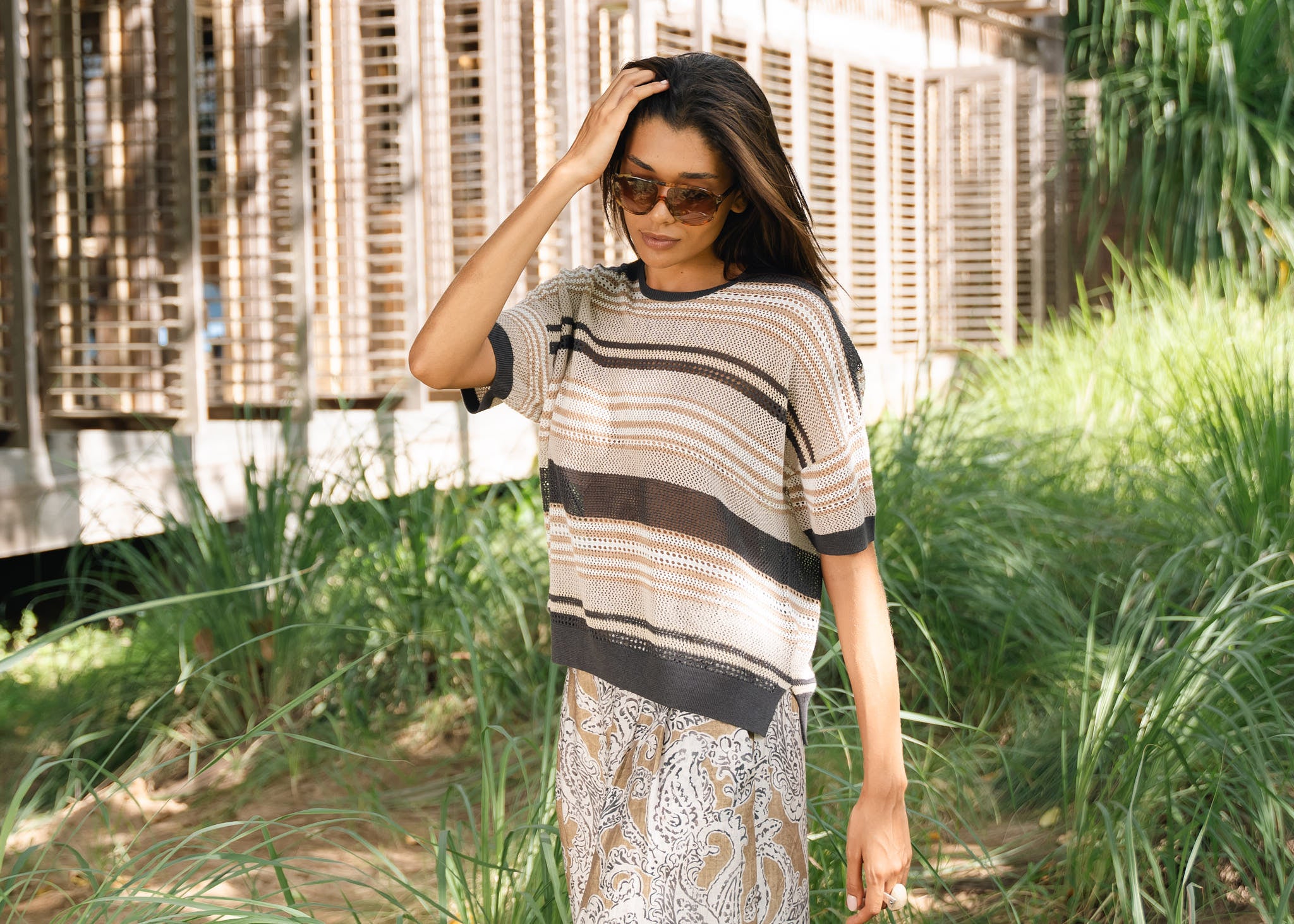 Stripe Lace Top - Graphite