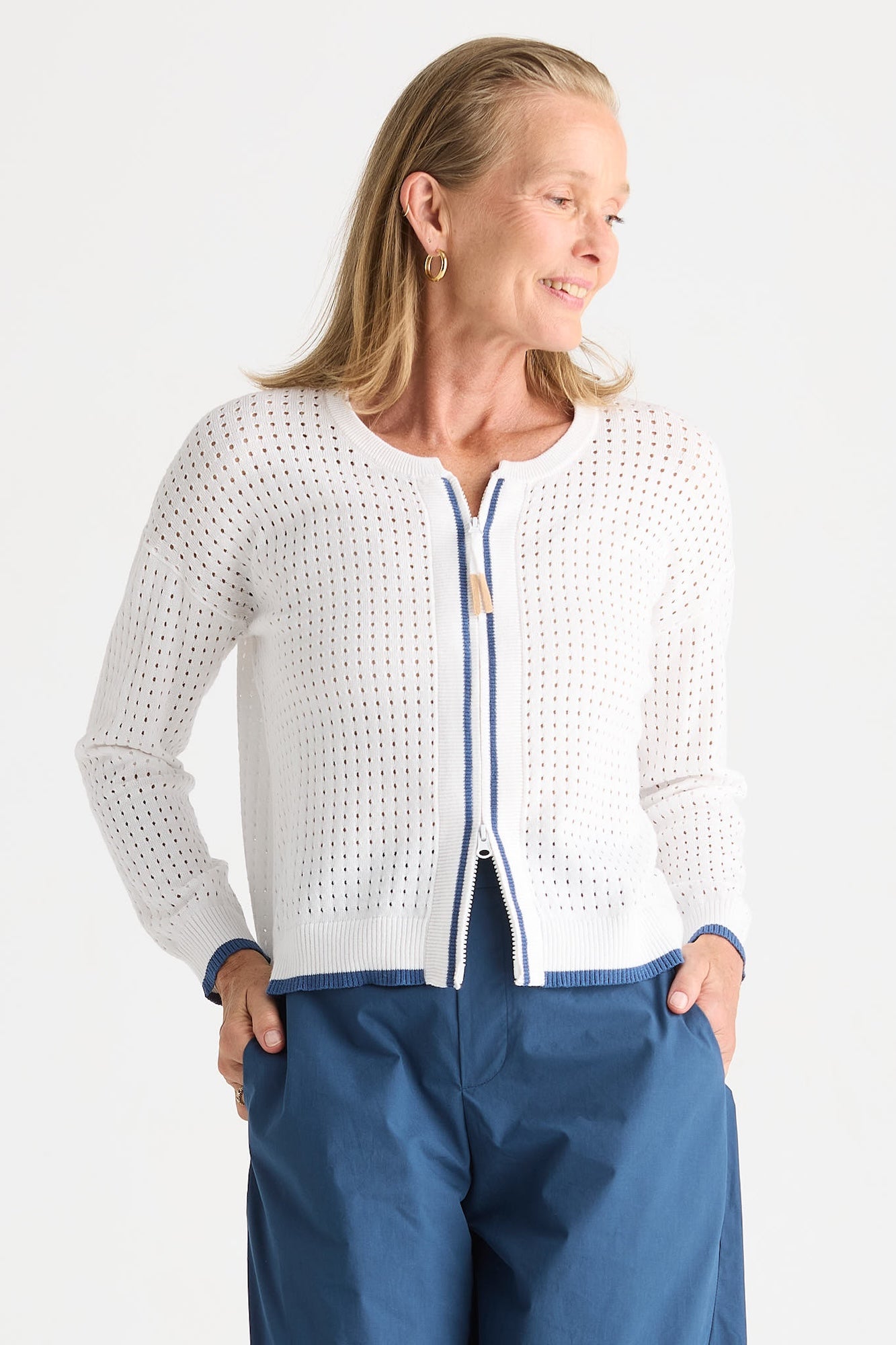 Pointelle Zip Cardi - White