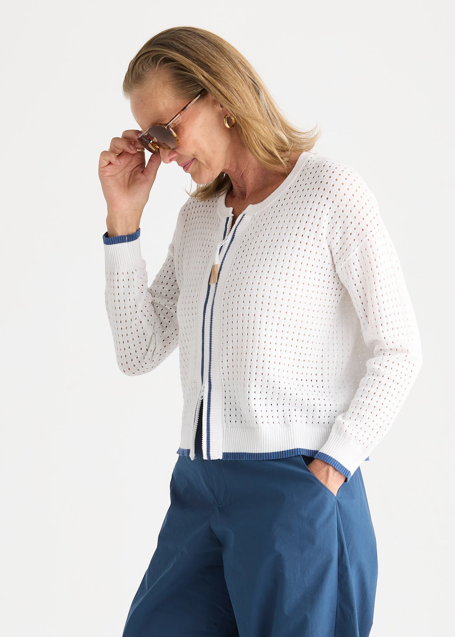 Pointelle Zip Cardi - White