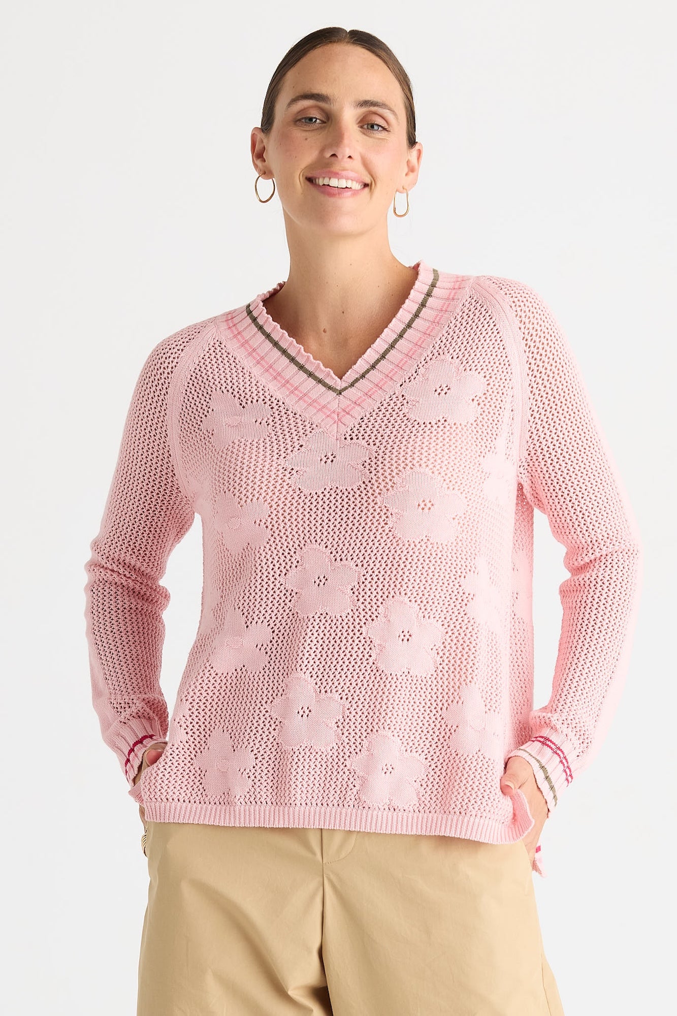 Floral Pointelle Vee - Blush