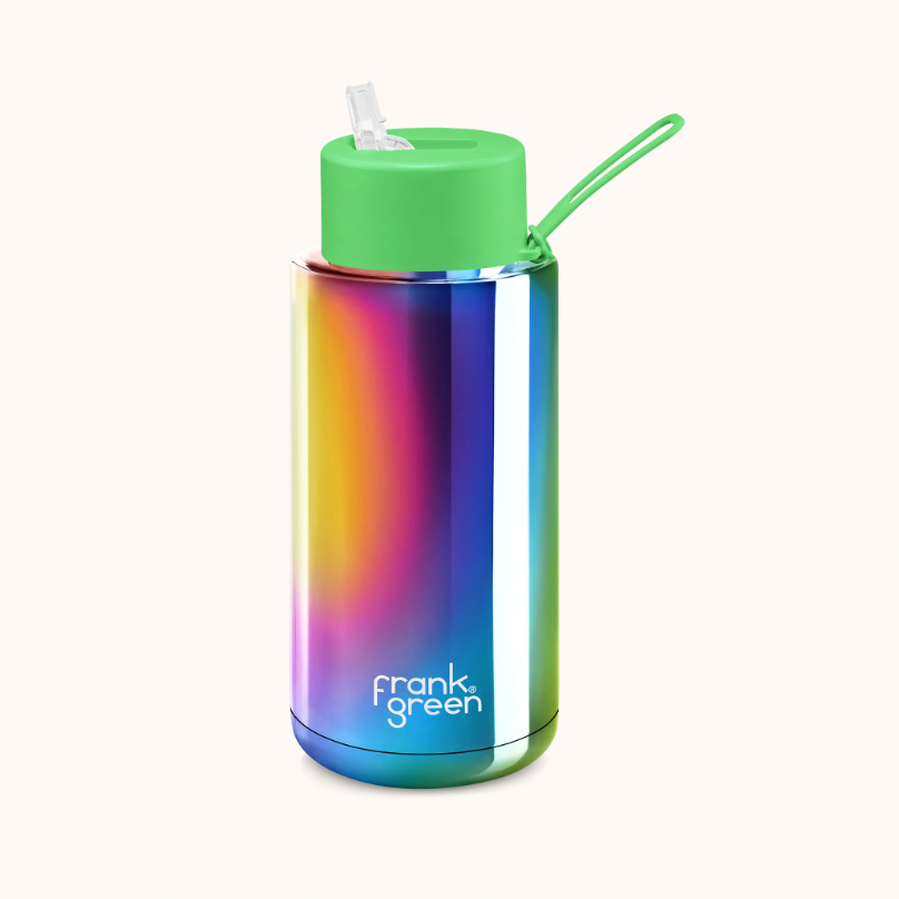 Ceramic Reusable Bottle - Chrome Rainbow/Green 34oz